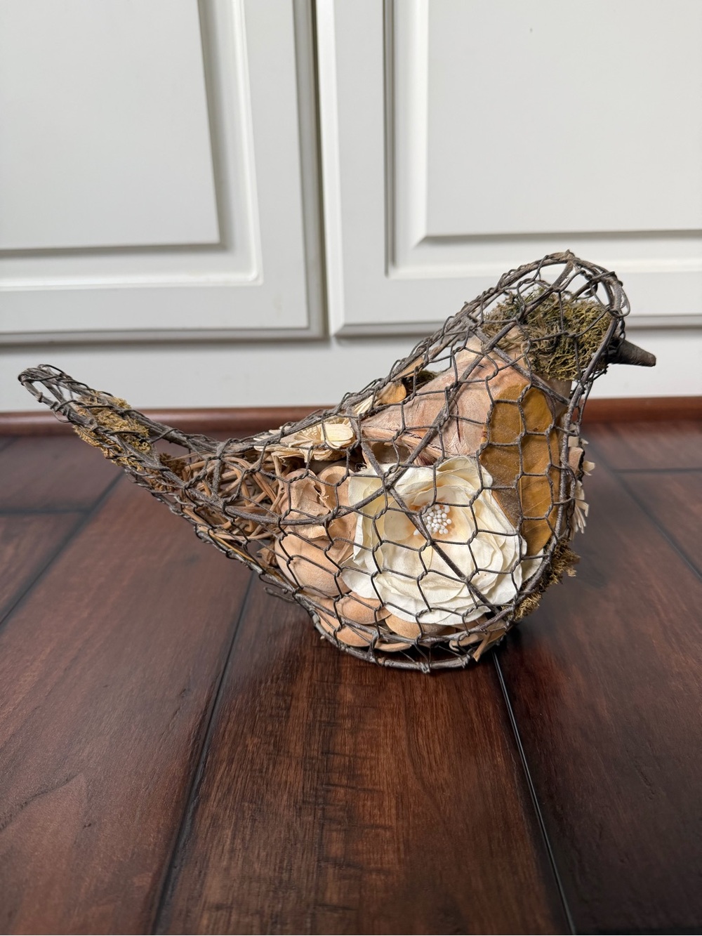 Wire Bird Decorative Sculpture with Cream & Tan Floral Accents